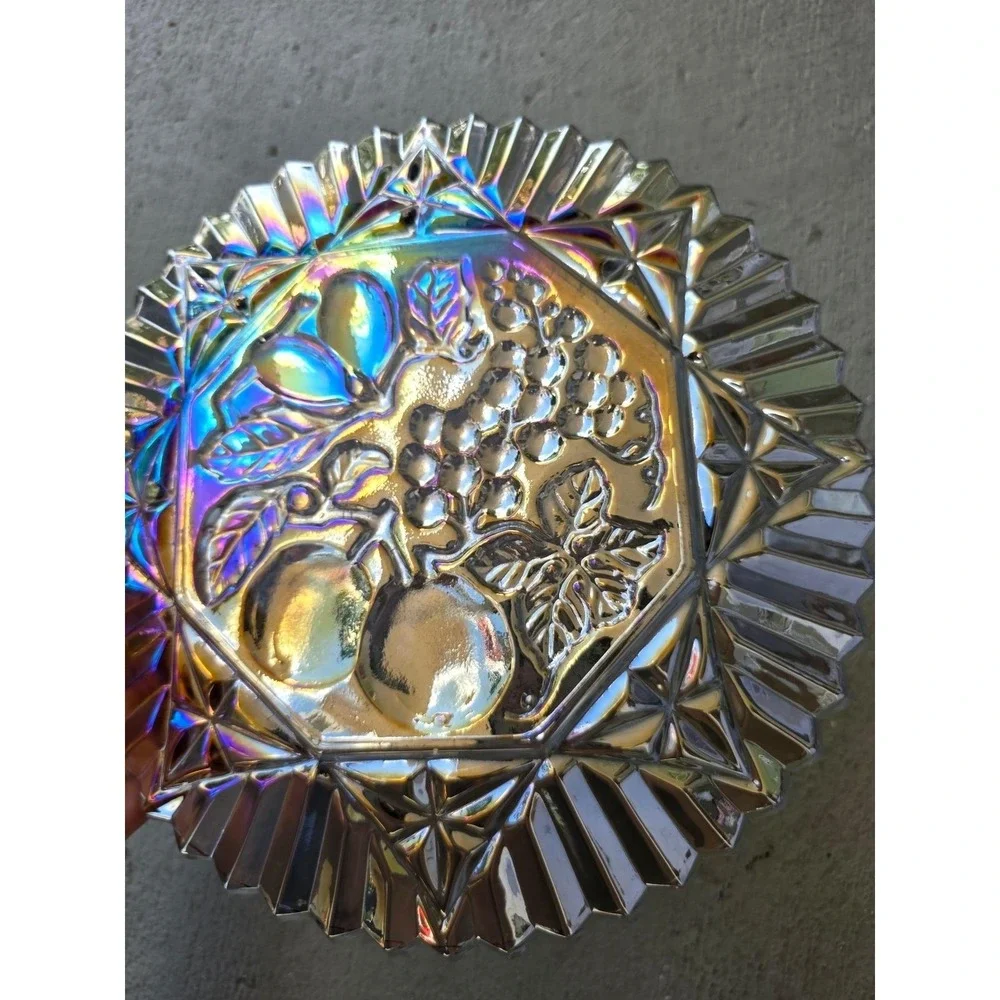 Vintage Carnival Glass Bowl Iridescent Fruit Harvest Grapes Pears 10.5 Inch‎ E3